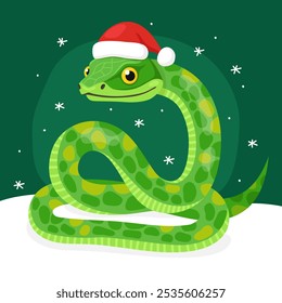 New Year of the Snake, Lunar New Year or Chinese New Year. Greeting card with a cute green snake wearing a Santa Claus hat on a green background. Animal zodiac cartoon character. Cute snake mascot.