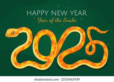 New Year of the Snake, Lunar New Year or Chinese New Year. Zodiac animal cartoon character. Greeting card. Cute yellow snake in the shape of the number 2025, dark green background.