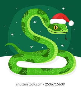 New Year of the Snake, Lunar New Year or Chinese New Year. Greeting card with a cute green snake wearing a Santa Claus hat on a green background. Animal zodiac cartoon character. Cute snake mascot.