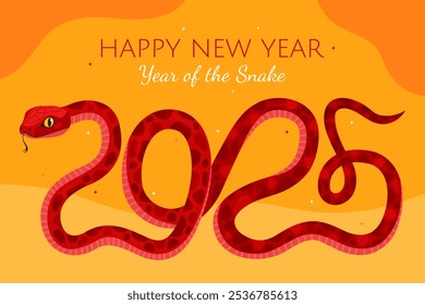 New Year of the Snake, Lunar New Year or Chinese New Year. Zodiac animal cartoon character. Greeting card. Cute red snake in the shape of the number 2025, yellow and orange background.