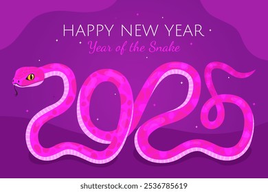 Año Nuevo de la Serpiente, Año Nuevo Lunar o Año Nuevo Chino. Personaje de dibujos animados de animales del zodiaco. Tarjeta de felicitación. Serpiente rosa linda en la forma del número 2025, fondo púrpura oscuro.