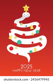 New year of the snake winter tree shape. Year of the snake 2025 illustration with a snake forming the shape of a winter tree with Christmas decorations.