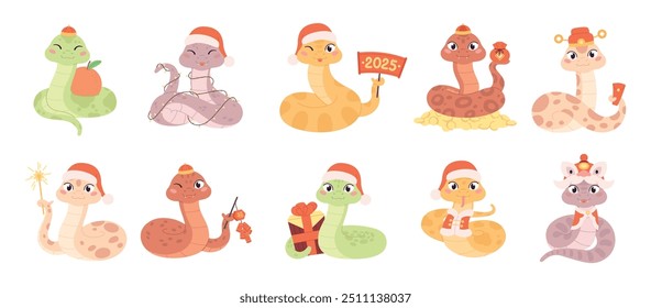 New year snakes. Funny cartoon snake chinese new year party symbols. Isolated cartoon animal characters with different traditional elements, racy vector set