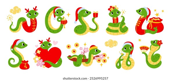 New Year snakes. Funny serpents. Horoscope characters. Chinese zodiac animals. 2025 symbols. Reptile mascots bringing good luck or well being. Python with money bag