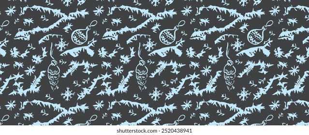 Neujahr, Schneefrostmuster mit Schneeflocken und Weihnachtsbaumspielzeug. Vektor nahtlose Winter festlichen Hintergrund. Für Karten, Banner, Packpapier.