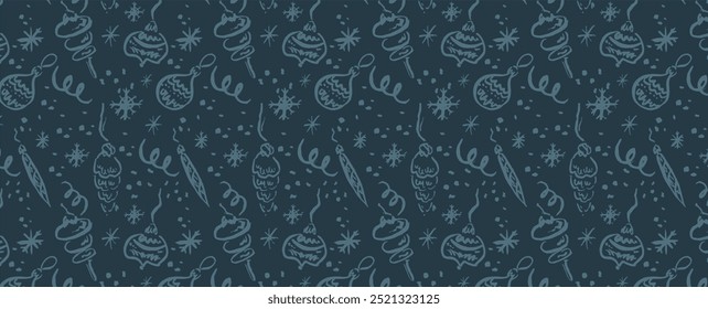 New Year, snow frost pattern with snowflake and Christmas tree toys. Vector seamless winter festive background. For cards, banners, wrapping paper.