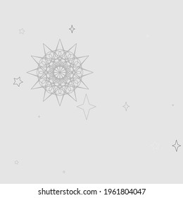 Neujahr Schnee Magic Feiertag graues Tapete. Silver Mandala Sky Schneeflocken Gemütlicher, pastellfarbener Hintergrund. Chaotische Sterne Grau Winter kalte Ornament. Mysteriöser, einfarbiger weißer Hintergrund zu Weihnachten.