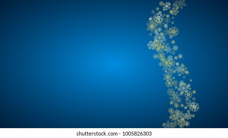 New Year snow on blue background. Gold glitter snowflakes. Christmas and New Year snow falling backdrop. For season sales, special offers, banner, cards, party invite, flyer. Horizontal frosty winter.