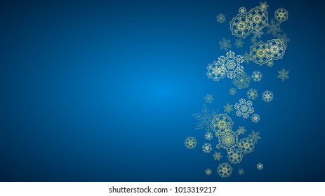 New Year snow on blue background. Gold glitter snowflakes. Christmas and New Year snow falling backdrop. For season sales, special offers, banner, cards, party invite, flyer. Horizontal frosty winter.