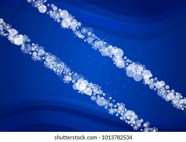 New Year snow on blue background. Winter theme. Horizontal Christmas and New Year snow falling backdrop. For season sale, special offer, banners, card, party invites, flyers. White snowflakes on blue.