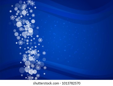 New Year snow on blue background. Winter theme. Horizontal Christmas and New Year snow falling backdrop. For season sale, special offer, banners, card, party invites, flyers. White snowflakes on blue.