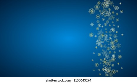 New Year snow on blue background. Gold glitter snowflakes. Christmas and New Year snow falling backdrop. For season sales, special offers, banner, cards, party invite, flyer. Horizontal frosty winter.