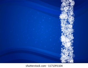 New Year snow on blue background. Winter theme. Horizontal Christmas and New Year snow falling backdrop. For season sale, special offer, banners, card, party invites, flyers. White snowflakes on blue.