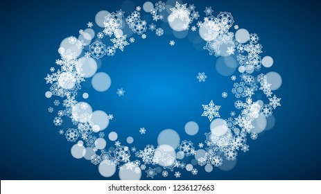 New Year snow on blue background. Winter theme. Horizontal Christmas and New Year snow falling backdrop. For season sale, special offer, banners, card, party invites, flyers. White snowflakes on blue.