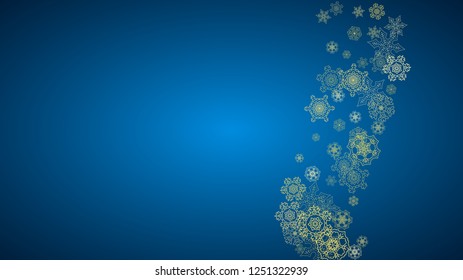 New Year snow on blue background. Gold glitter snowflakes. Christmas and New Year snow falling backdrop. For season sales, special offers, banner, cards, party invite, flyer. Horizontal frosty winter.
