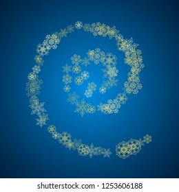New Year snow on blue background. Gold glitter snowflakes. Christmas and New Year snow falling backdrop. For season sales, special offers, banners, cards, party invites, flyers. Frosty winter on blue.