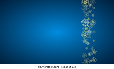 New Year snow on blue background. Gold glitter snowflakes. Christmas and New Year snow falling backdrop. For season sales, special offers, banner, cards, party invite, flyer. Horizontal frosty winter.