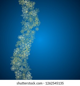 New Year snow on blue background. Gold glitter snowflakes. Christmas and New Year snow falling backdrop. For season sales, special offers, banners, cards, party invites, flyers. Frosty winter on blue.