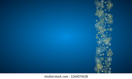 New Year snow on blue background. Gold glitter snowflakes. Christmas and New Year snow falling backdrop. For season sales, special offers, banner, cards, party invite, flyer. Horizontal frosty winter.