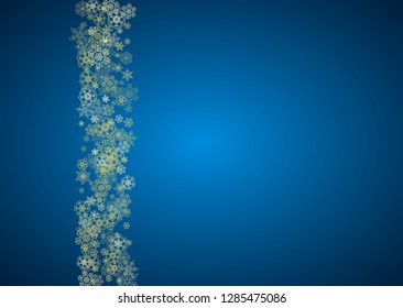 New Year snow on blue background. Gold glitter snowflakes. Christmas and New Year snow falling backdrop. For season sales, special offers, banner, cards, party invite, flyer. Horizontal frosty winter.