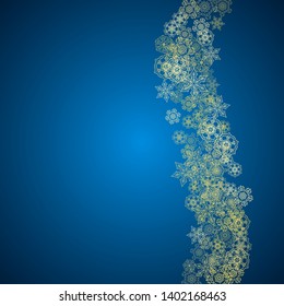 New Year snow on blue background. Gold glitter snowflakes. Christmas and New Year snow falling backdrop. For season sales, special offers, banners, cards, party invites, flyers. Frosty winter on blue.