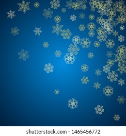 New Year snow on blue background. Gold glitter snowflakes. Christmas and New Year snow falling backdrop. For season sales, special offers, banners, cards, party invites, flyers. Frosty winter on blue.