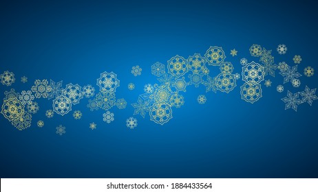 New Year snow on blue background. Gold glitter snowflakes. Christmas and New Year snow falling backdrop. For season sales, special offers, banner, cards, party invite, flyer. Horizontal frosty winter.