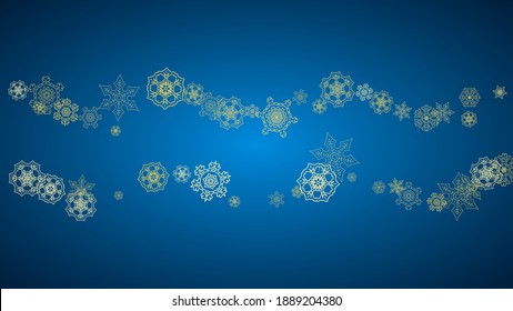 New Year snow on blue background. Gold glitter snowflakes. Christmas and New Year snow falling backdrop. For season sales, special offers, banner, cards, party invite, flyer. Horizontal frosty winter.