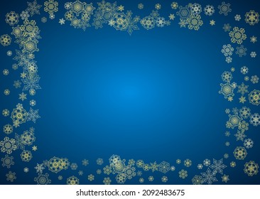 New Year snow on blue background. Gold glitter snowflakes. Christmas and New Year snow falling backdrop. For season sales, special offers, banner, cards, party invite, flyer. Horizontal frosty winter.