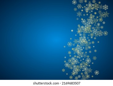 New Year snow on blue background. Gold glitter snowflakes. Christmas and New Year snow falling backdrop. For season sales, special offers, banner, cards, party invite, flyer. Horizontal frosty winter.