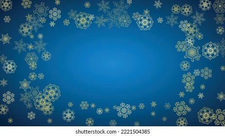New Year snow on blue background. Gold glitter snowflakes. Christmas and New Year snow falling backdrop. For season sales, special offers, banner, cards, party invite, flyer. Horizontal frosty winter.