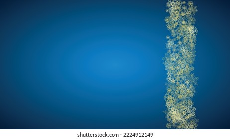 New Year snow on blue background. Gold glitter snowflakes. Christmas and New Year snow falling backdrop. For season sales, special offers, banner, cards, party invite, flyer. Horizontal frosty winter.