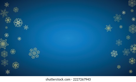New Year snow on blue background. Gold glitter snowflakes. Christmas and New Year snow falling backdrop. For season sales, special offers, banner, cards, party invite, flyer. Horizontal frosty winter.