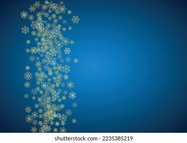 New Year snow on blue background. Gold glitter snowflakes. Christmas and New Year snow falling backdrop. For season sales, special offers, banner, cards, party invite, flyer. Horizontal frosty winter.