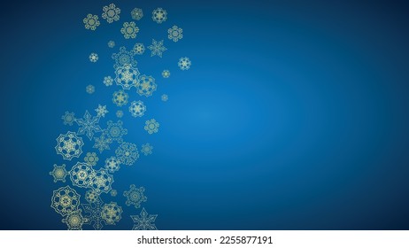 New Year snow on blue background. Gold glitter snowflakes. Christmas and New Year snow falling backdrop. For season sales, special offers, banner, cards, party invite, flyer. Horizontal frosty winter.