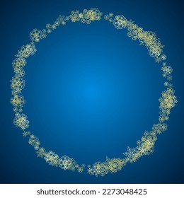 New Year snow on blue background. Gold glitter snowflakes. Christmas and New Year snow falling backdrop. For season sales, special offers, banners, cards, party invites, flyers. Frosty winter on blue.