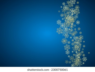 New Year snow on blue background. Gold glitter snowflakes. Christmas and New Year snow falling backdrop. For season sales, special offers, banner, cards, party invite, flyer. Horizontal frosty winter.