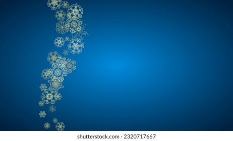 New Year snow on blue background. Gold glitter snowflakes. Christmas and New Year snow falling backdrop. For season sales, special offers, banner, cards, party invite, flyer. Horizontal frosty winter.