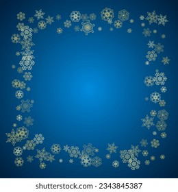 New Year snow on blue background. Gold glitter snowflakes. Christmas and New Year snow falling backdrop. For season sales, special offers, banners, cards, party invites, flyers. Frosty winter on blue.