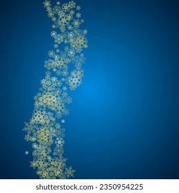 New Year snow on blue background. Gold glitter snowflakes. Christmas and New Year snow falling backdrop. For season sales, special offers, banners, cards, party invites, flyers. Frosty winter on blue.