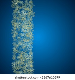 New Year snow on blue background. Gold glitter snowflakes. Christmas and New Year snow falling backdrop. For season sales, special offers, banners, cards, party invites, flyers. Frosty winter on blue.
