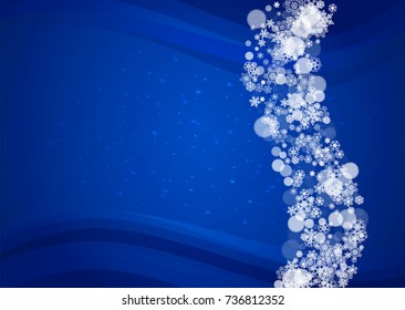 New Year snow on blue background. Winter theme. Horizontal Christmas and New Year snow falling backdrop. For season sale, special offer, banners, card, party invites, flyers. White snowflakes on blue.