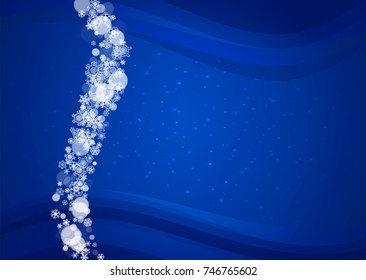 New Year snow on blue background. Winter theme. Horizontal Christmas and New Year snow falling backdrop. For season sale, special offer, banners, card, party invites, flyers. White snowflakes on blue.