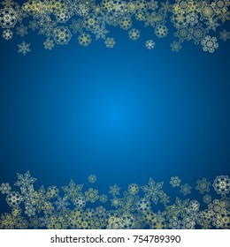 New Year snow on blue background. Gold glitter snowflakes. Christmas and New Year snow falling backdrop. For season sales, special offers, banners, cards, party invites, flyers. Frosty winter on blue.