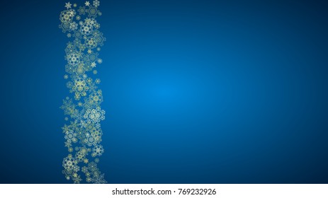 New Year snow on blue background. Gold glitter snowflakes. Christmas and New Year snow falling backdrop. For season sales, special offers, banner, cards, party invite, flyer. Horizontal frosty winter.