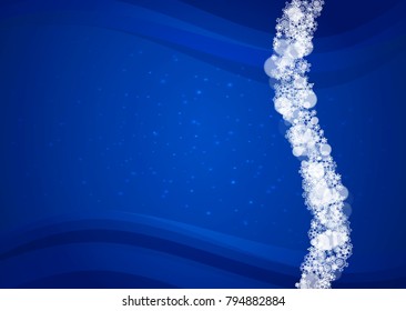 New Year snow on blue background. Winter theme. Horizontal Christmas and New Year snow falling backdrop. For season sale, special offer, banners, card, party invites, flyers. White snowflakes on blue.