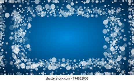 New Year snow on blue background. Winter theme. Horizontal Christmas and New Year snow falling backdrop. For season sale, special offer, banners, card, party invites, flyers. White snowflakes on blue.