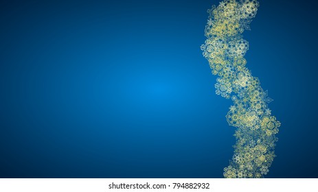 New Year snow on blue background. Gold glitter snowflakes. Christmas and New Year snow falling backdrop. For season sales, special offers, banner, cards, party invite, flyer. Horizontal frosty winter.