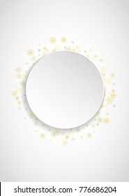 New Year snow on vertical white paper background. Gold glitter snowflakes. Christmas and New Year snow falling backdrop. For season sales, special offers, banner, cards, party invite, flyer.