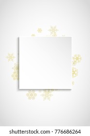 New Year snow on vertical white paper background. Gold glitter snowflakes. Christmas and New Year snow falling backdrop. For season sales, special offers, banner, cards, party invite, flyer.